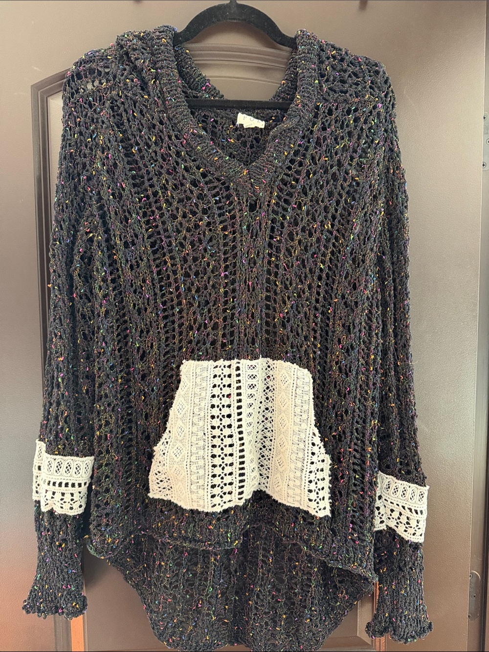 POL Open-Knit Black Scoop Sweater with Cream Crochet Pocket & Cuff Trim